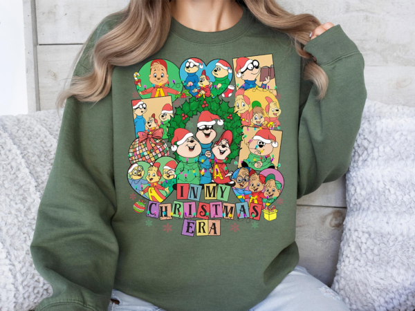 Close-up of The Chipmunks Christmas Era Sweatshirt with cute holiday characters