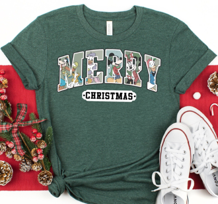 Close-up of Disney Merry Christmas Sweatshirt with Mickey and Friends holiday design